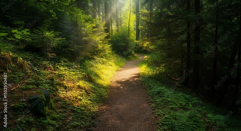 A peaceful hiking trail through a forest with sunlight filtering through the trees A peaceful hiking trail through a forest with sunlight filtering through the trees