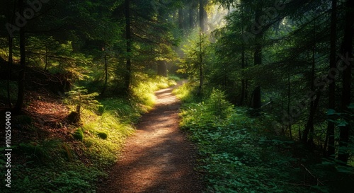 A peaceful hiking trail through a forest with sunlight filtering through the trees