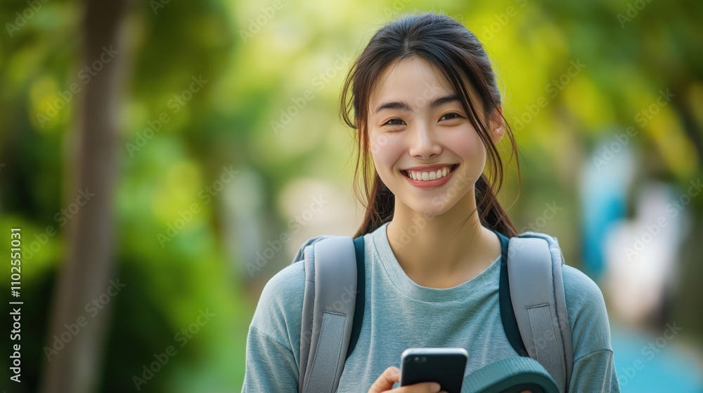 Smiling Young Japanese Woman Outdoors Holding a Smartphone Smiling Young Japanese Woman Outdoors Holding a Smartphone