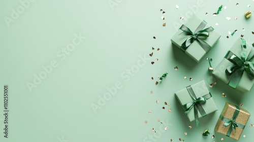 Festive Green Gift Boxes Arranged on a Soft Mint Background Surrounded by Golden Confetti and Decorative Items Perfect for Celebrations and Special Occasions photo