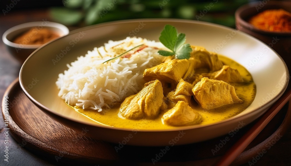 A mild curry with tender chicken pieces cooked in a coconut milk base A mild curry with tender chicken pieces cooked in a coconut milk base