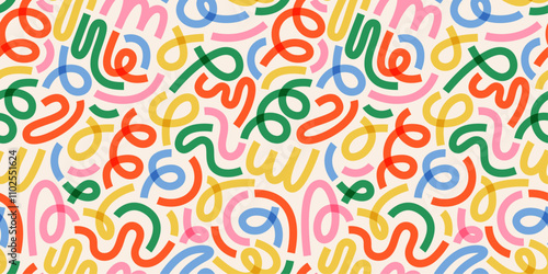 Seamless festive pattern with abstract swirls and curved lines on a light background. New year confetti white backdrop. Perfect for festive celebrations, cards, and wrapping paper. Carnaval Party.