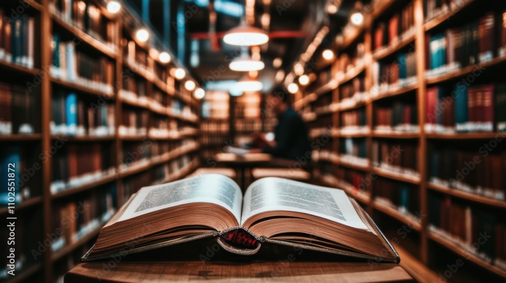 An open book in a cozy library, with shelves of books and a person reading in the background. An open book in a cozy library, with shelves of books and a person reading in the background.