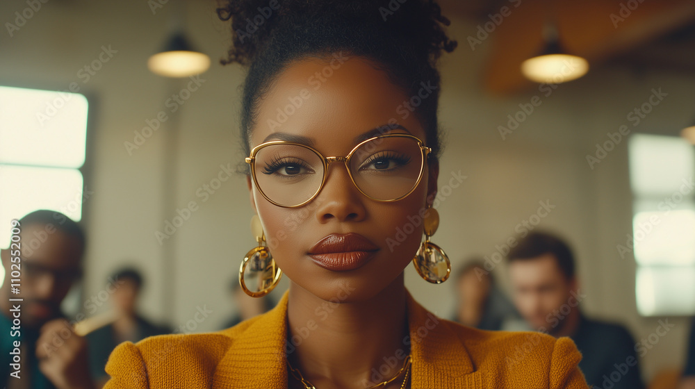 An African American woman with an elegant leadership presence, wearing a yellow outfit and glasses, is presenting at a conference in front of an audience during a work meeting in an office setting