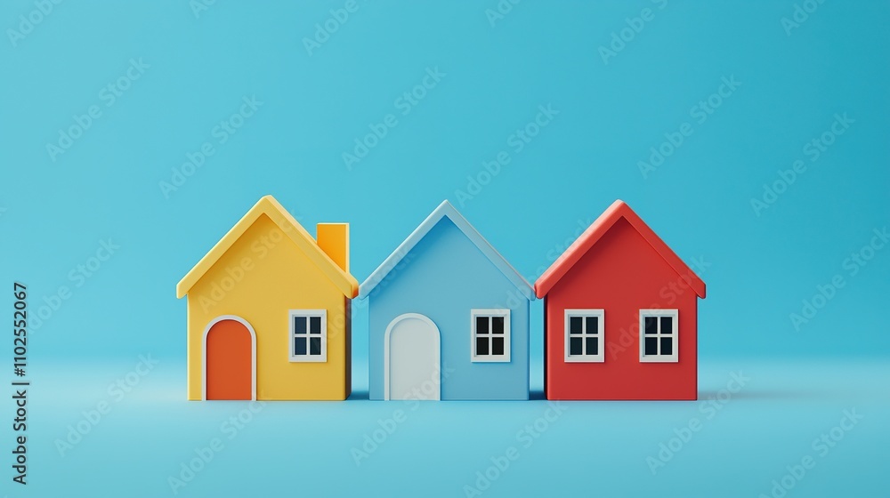 Three colorful miniature houses-yellow, blue, and red-set against a turquoise background, symbolizing home and design. Three colorful miniature houses-yellow, blue, and red-set against a turquoise background, symbolizing home and design.