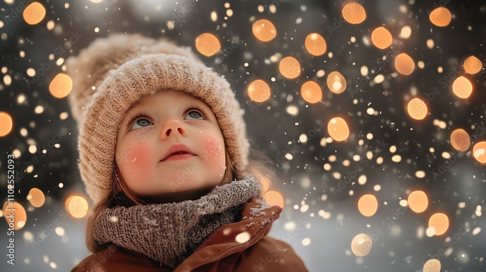 Child Experiencing Winter Magic With Enchanting Lights and Snow Child Experiencing Winter Magic With Enchanting Lights and Snow