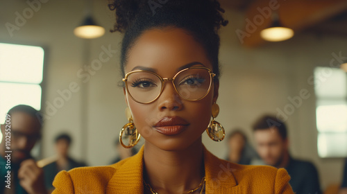 Obraz na płótnie An African American woman with an elegant leadership presence, wearing a yellow outfit and glasses, is presenting at a conference in front of an audience during a work meeting in an office setting w salonie