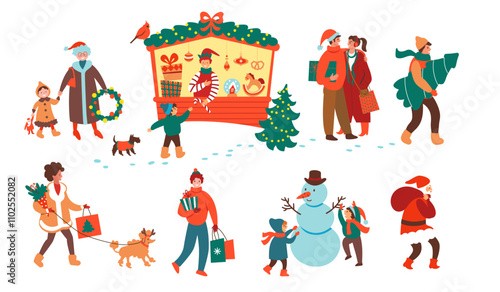 Christmas market. Shopping people. Family holidays time. Vector illustration for card, cover, seasonal decor