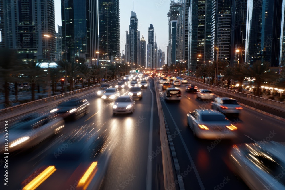 This image captures the bustling traffic of the city at dusk, where cars are illuminated against the backdrop of towering buildings and the fading light of day. This image captures the bustling traffic of the city at dusk, where cars are illuminated against the backdrop of towering buildings and the fading light of day.