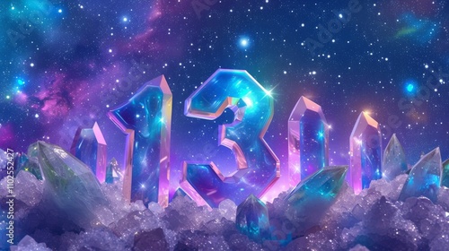 A futuristic 3D render of the number 13 composed of crystal-like forms, set against a vibrant, starry cosmic background with glowing elements. AI generated.