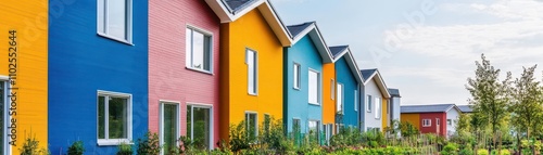 Community garden surrounded by ecohomes side view emphasizing sustainable agriculture advanced tone Tetradic color scheme photo