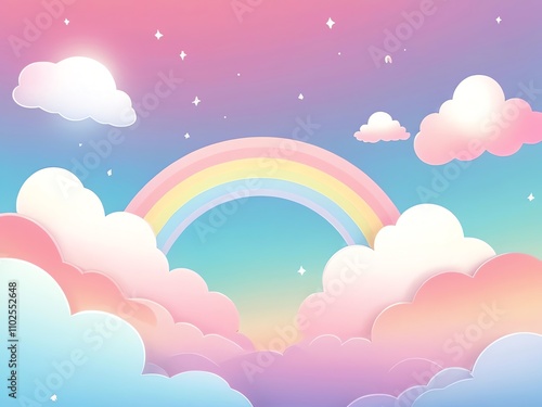 Pastel Rainbow Dreamland: A whimsical illustration of a rainbow arcing over fluffy pastel clouds against a soft sky. Perfect for dreamy backgrounds, children's books