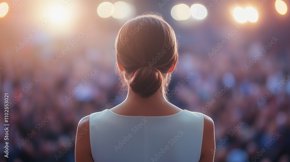 rear view of an elegant woman in a white dress presenting at a conference in front of an audience highlights leadership and professionalism