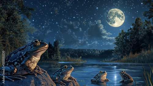 Frogs congregating by moonlit pond - A serene nocturnal scene capturing multiple frogs by a pond under a starry sky illuminated by the full moon 4K Video