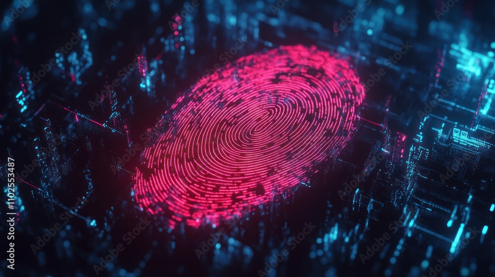 A digital fingerprint pattern glowing in a futuristic cyber landscape. A digital fingerprint pattern glowing in a futuristic cyber landscape.