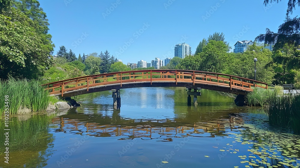 Wooden arched bridge spanning a calm lake with city buildings in the background. Wooden arched bridge spanning a calm lake with city buildings in the background.