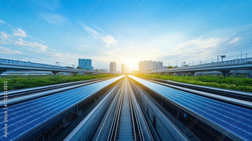 Ecofriendly public transportation hub powered by solar energy front view promoting green urban design cybernetic tone Analogous Color Scheme Ecofriendly public transportation hub powered by solar energy front view promoting green urban design cybernetic tone Analogous Color Scheme