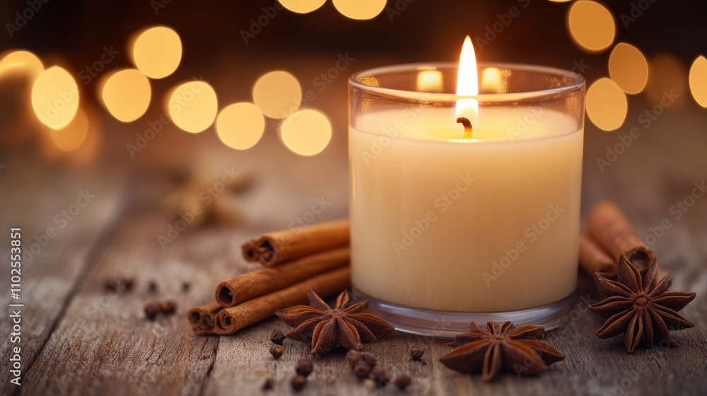 Candle Aroma therapy. A cozy candle burns softly, surrounded by cinnamon sticks and spices, creating a warm, inviting atmosphere with blurred lights in the background. Candle Aroma therapy. A cozy candle burns softly, surrounded by cinnamon sticks and spices, creating a warm, inviting atmosphere with blurred lights in the background.