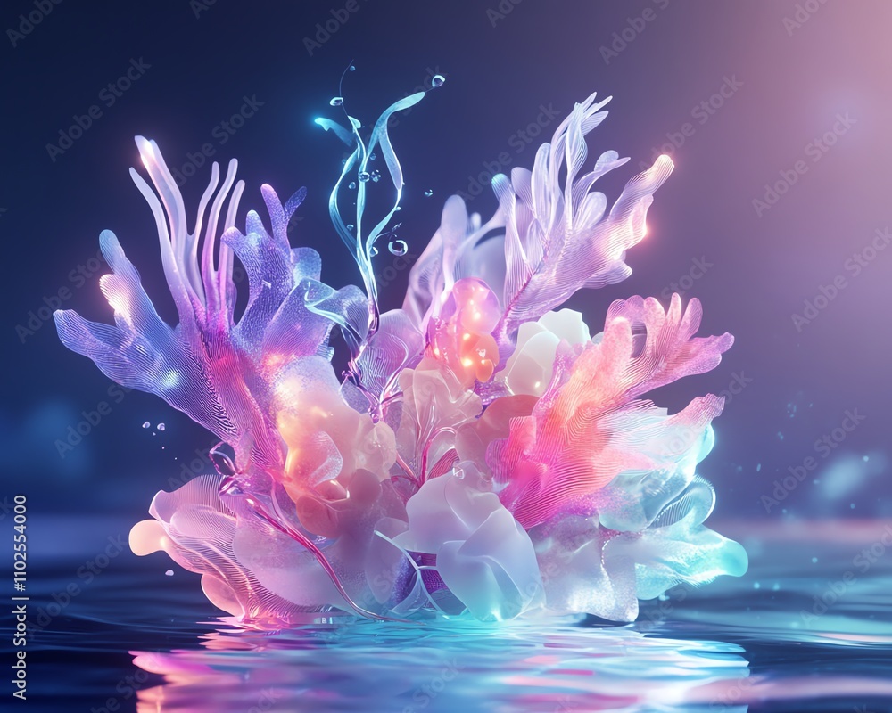 A vibrant and colorful underwater garden of ethereal floral elements, glowing in a tranquil aquatic environment. A vibrant and colorful underwater garden of ethereal floral elements, glowing in a tranquil aquatic environment.