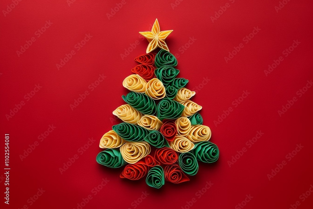 A Creative and Colorful Pasta Christmas Tree Decoration Beautifully Adorned with a Bright Red Bow