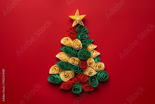 A Creative and Colorful Pasta Christmas Tree Decoration Beautifully Adorned with a Bright Red Bow