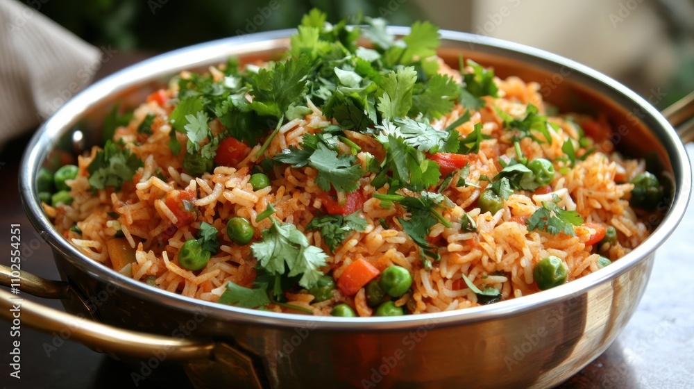 A vibrant Indian vegetable biryani, served in a traditional brass pot, garnished with fresh coriander A vibrant Indian vegetable biryani, served in a traditional brass pot, garnished with fresh coriander