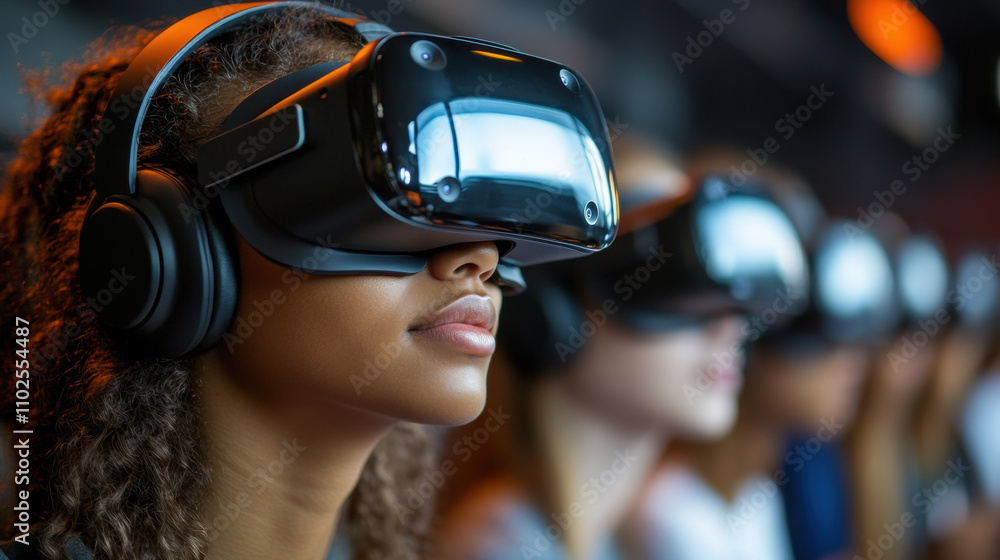 Immersive virtual reality experience with students using headsets in modern setting. Engaging technology enhances learning and interaction Immersive virtual reality experience with students using headsets in modern setting. Engaging technology enhances learning and interaction