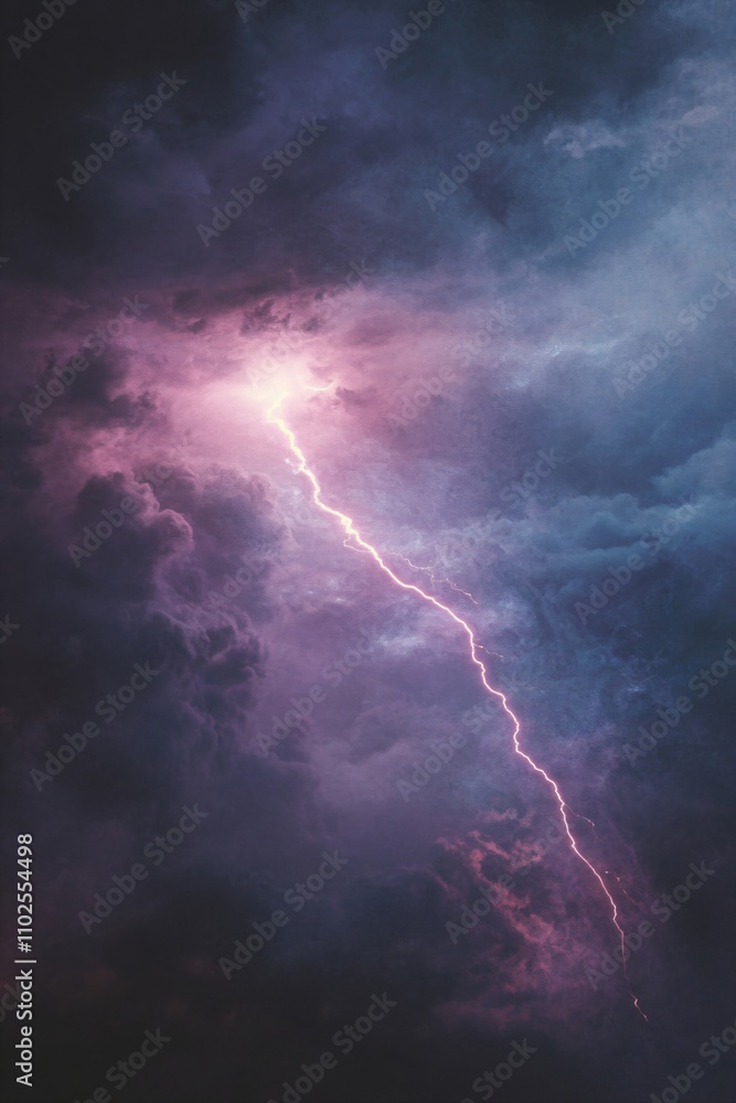 Bright lightning flash bolt or thunderbolt on dark night purple sky. Heavy storm with shining lightnings. Nature disaster, stormy weather. Color of 2025 year Bright lightning flash bolt or thunderbolt on dark night purple sky. Heavy storm with shining lightnings. Nature disaster, stormy weather. Color of 2025 year