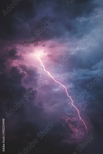 Bright lightning flash bolt or thunderbolt on dark night purple sky. Heavy storm with shining lightnings. Nature disaster, stormy weather. Color of 2025 year