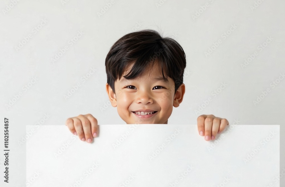 A smiling young boy with dark hair holding a blank white poster, set against a neutral background, radiating warmth and charm in a clean and minimalist composition A smiling young boy with dark hair holding a blank white poster, set against a neutral background, radiating warmth and charm in a clean and minimalist composition