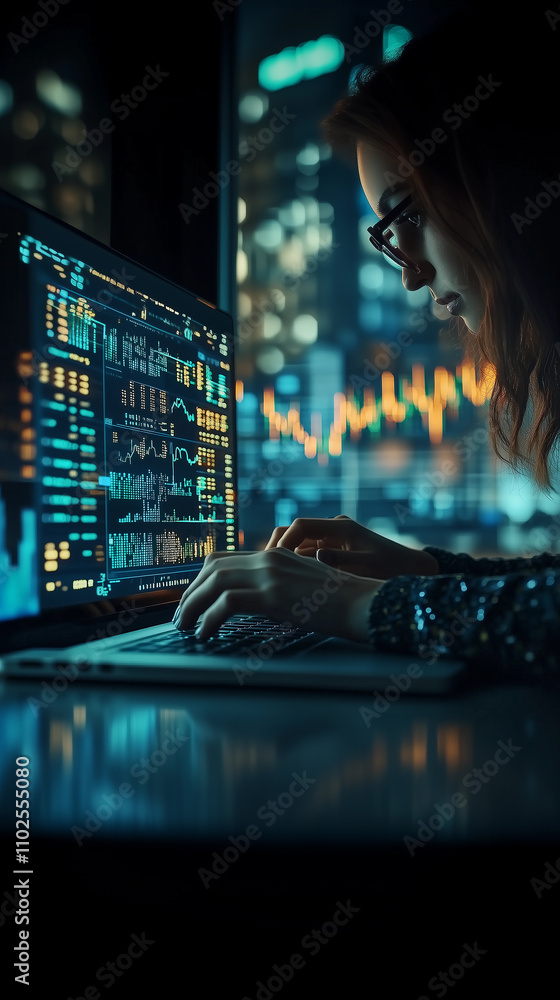 A close-up shot of a woman's hand working with graphs and financial statistics related to economics and price growth using financial technology highlights the importance of data analysis in