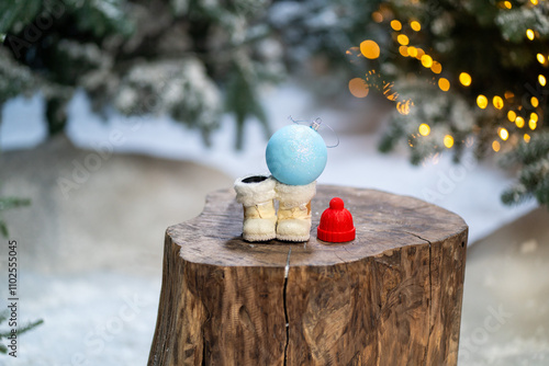 white santa claus boots and toys on tree stump in winter snowy forest . Merry Christmas and happy new year