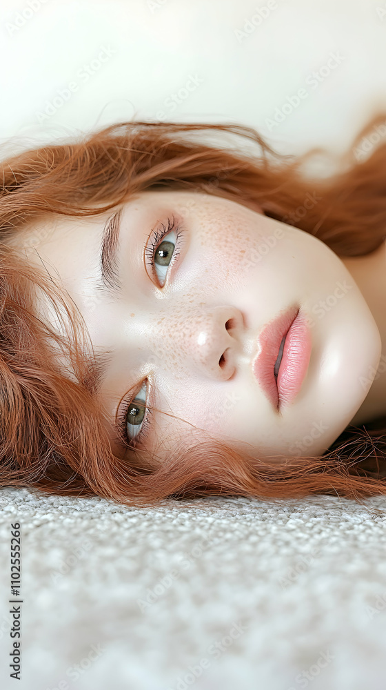 Redhead Woman's Face, Close-up Portrait, Soft Lighting, Freckles, Gentle Expression, Relaxed Pose on a Textured Surface Redhead Woman's Face, Close-up Portrait, Soft Lighting, Freckles, Gentle Expression, Relaxed Pose on a Textured Surface