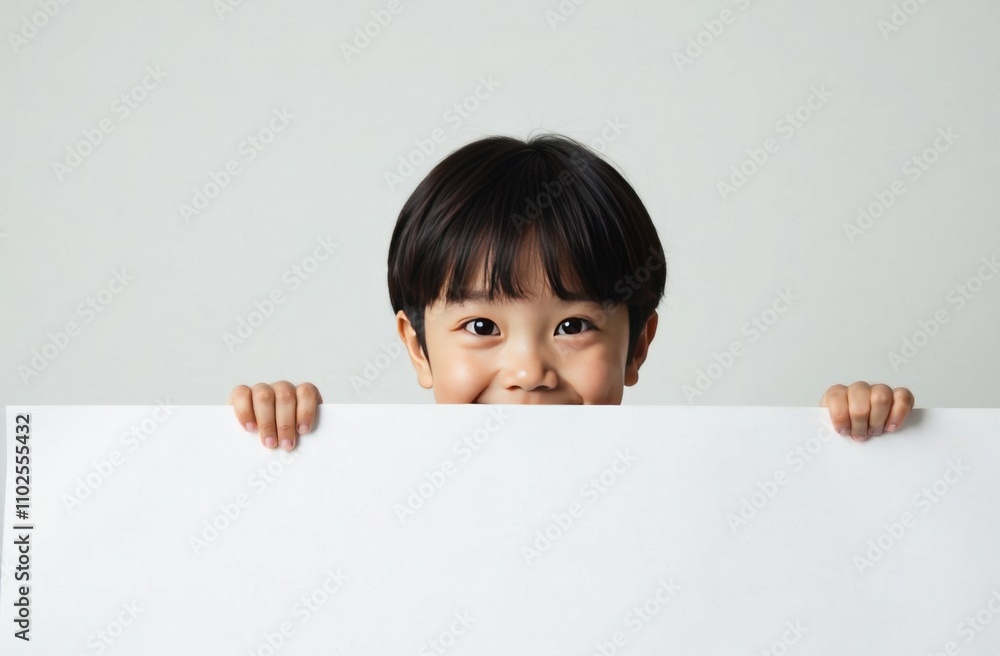 A young boy with dark hair holding a blank white poster, smiling playfully and peeking over it, set against a clean and neutral background for a minimalist and cheerful composition A young boy with dark hair holding a blank white poster, smiling playfully and peeking over it, set against a clean and neutral background for a minimalist and cheerful composition