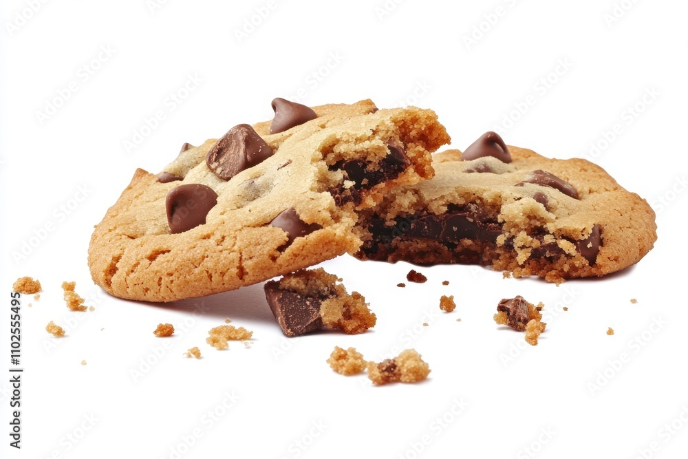 Broken chocolate chip cookie and crumbs cut out on white background, png transparent Broken chocolate chip cookie and crumbs cut out on white background, png transparent