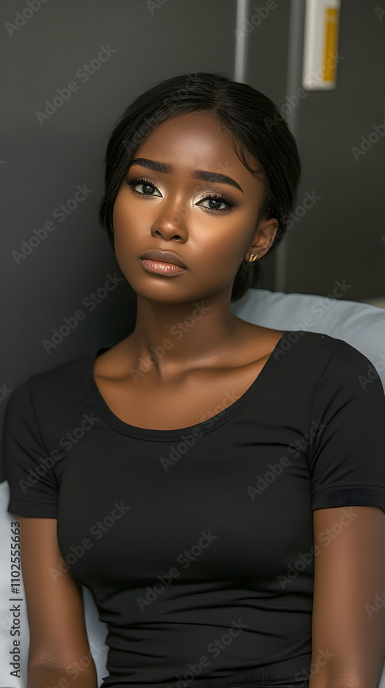 Portrait of a Young Woman in a Black Shirt, Pensive Expression, Dark Background, Studio Lighting Portrait of a Young Woman in a Black Shirt, Pensive Expression, Dark Background, Studio Lighting