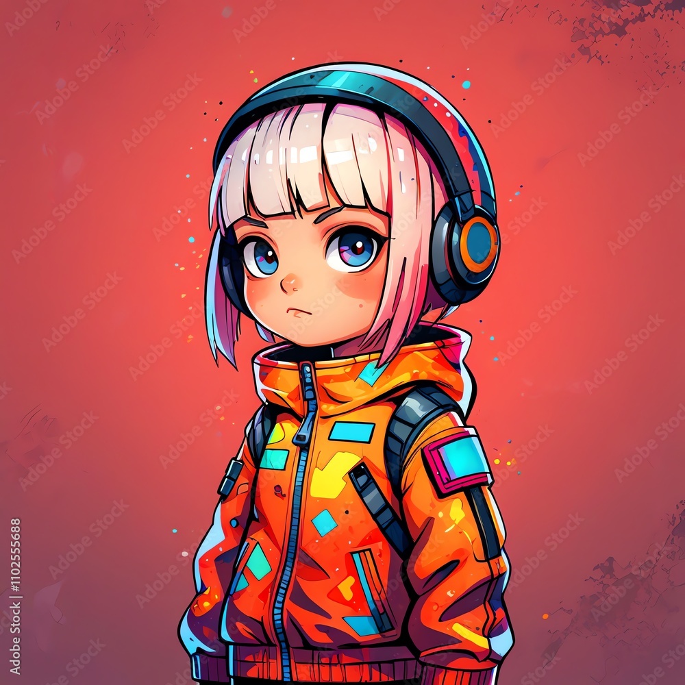Vibrant Anime Girl in Orange Jacket and Headphones Vibrant Anime Girl in Orange Jacket and Headphones