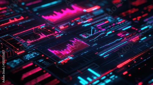 Abstract digital interface showcasing colorful data visualizations and graphs.