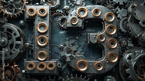 An artistic rendering of the number 13, crafted entirely from interlocking gears and cogs in a complex steampunk design, set against a dark industrial backdrop. AI generated. photo