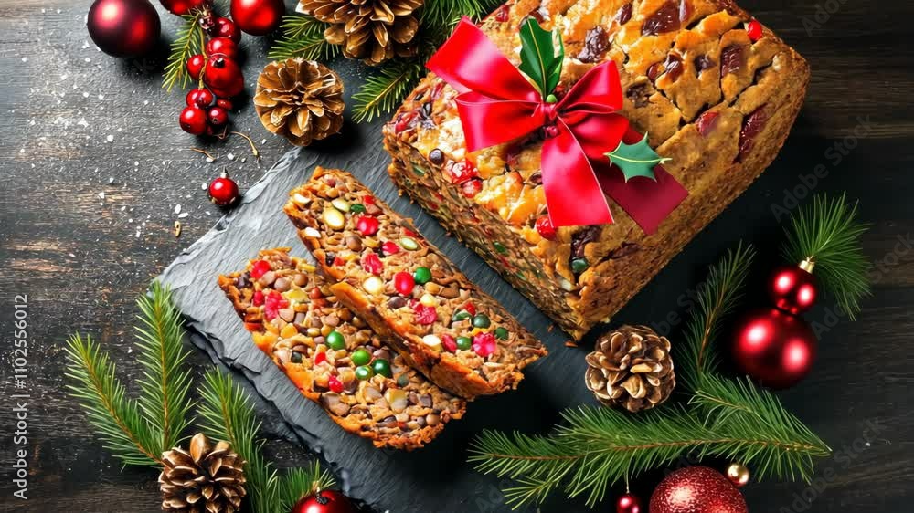 Festive fruitcake with decorative bow and seasonal embellishments displayed on rustic wooden surface Festive fruitcake with decorative bow and seasonal embellishments displayed on rustic wooden surface