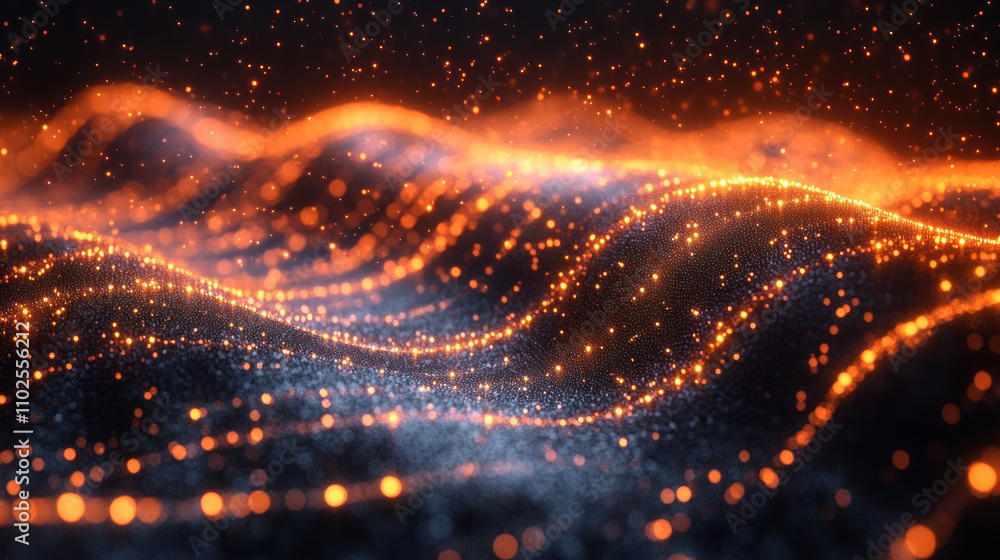 Abstract digital landscape with glowing orange particles creating wave like effect, evoking sense of depth and movement in vibrant, energetic atmosphere Abstract digital landscape with glowing orange particles creating wave like effect, evoking sense of depth and movement in vibrant, energetic atmosphere