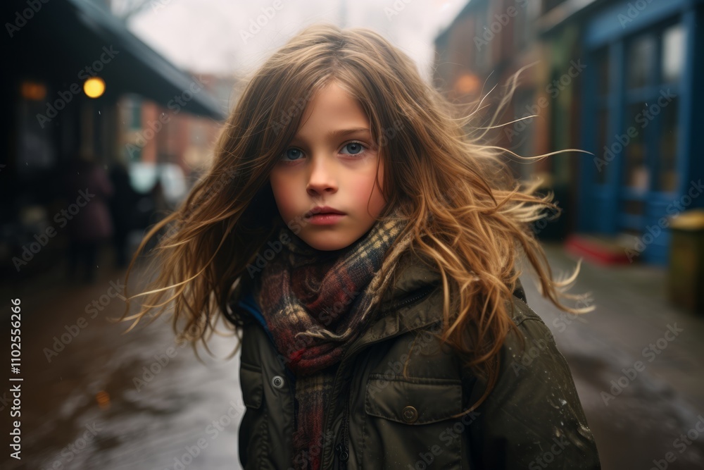 Portrait of a beautiful little girl with long hair in the city Portrait of a beautiful little girl with long hair in the city