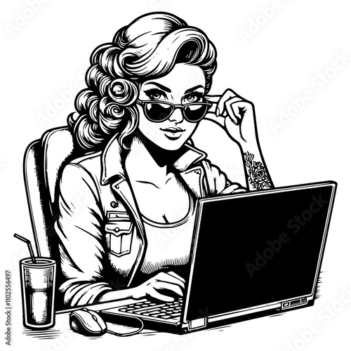 Woman working at computer with code on screen, wearing headset in office setting. Generative ai.