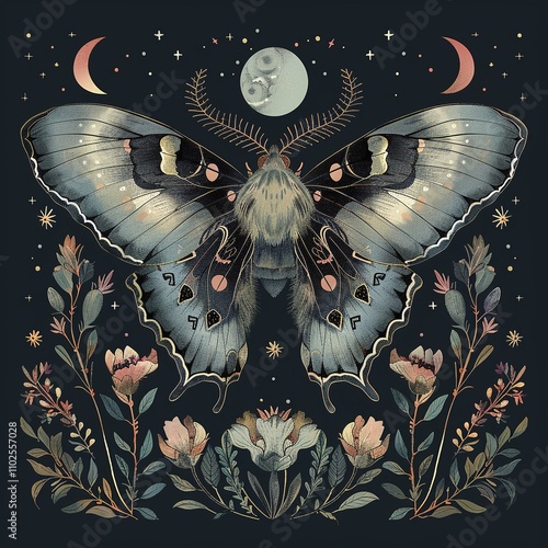 Moth, butterfly in vintage style on a background of flowers. On dark background. Romantic and mystical atmosphere.  