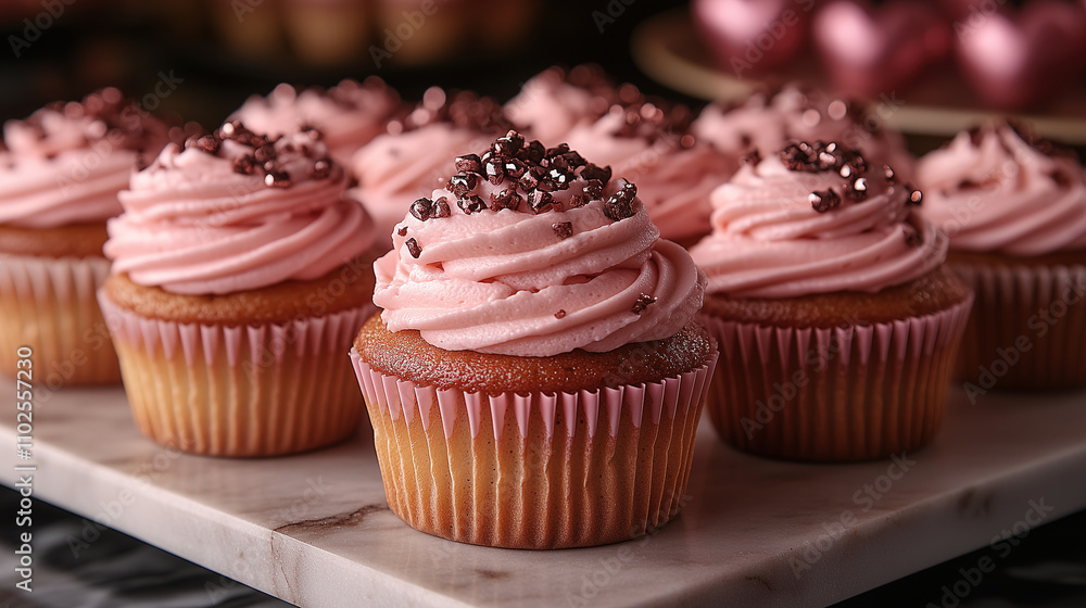 Delicious cupcakes with pink frosting and chocolate sprinkles arranged on a marble surface in a cozy bakery setting. Generative AI Delicious cupcakes with pink frosting and chocolate sprinkles arranged on a marble surface in a cozy bakery setting. Generative AI