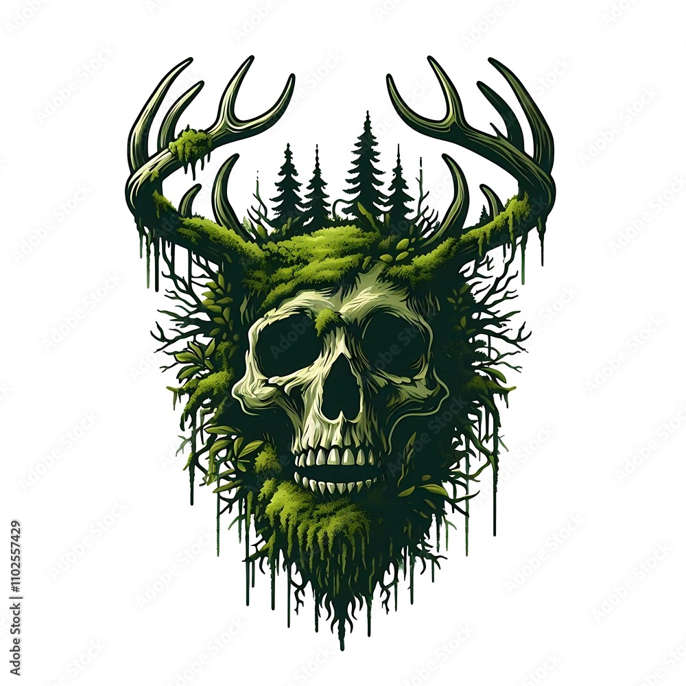 Obraz premium Skull with antlers and forest elements.
