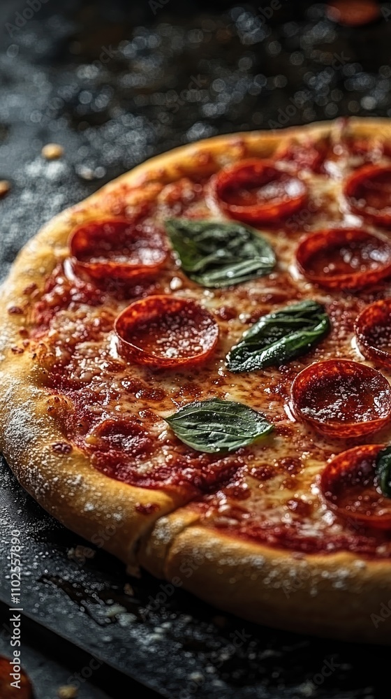 Delicious Pepperoni Pizza with Fresh Basil Toppings on Black Background Delicious Pepperoni Pizza with Fresh Basil Toppings on Black Background