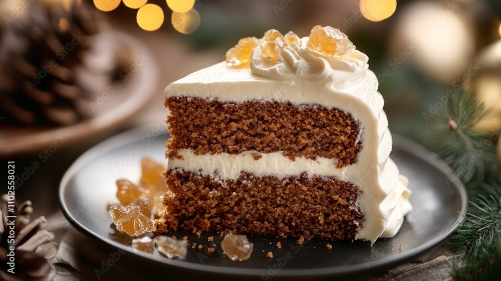 A spiced gingerbread cake with cream frosting and crystallized ginger pieces A spiced gingerbread cake with cream frosting and crystallized ginger pieces