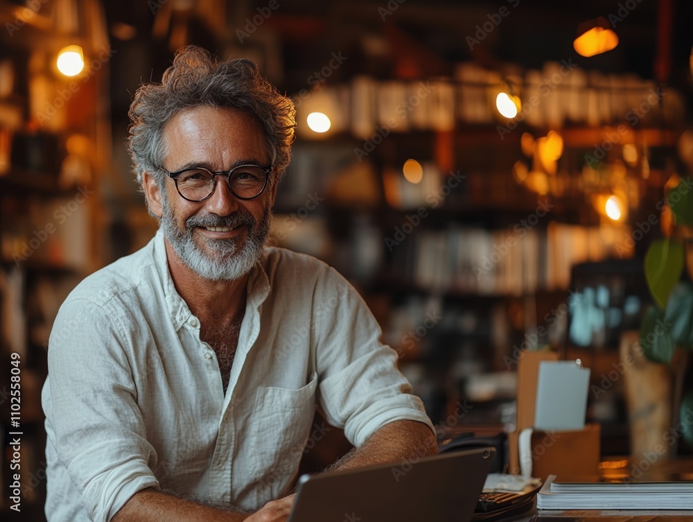 Smiling Middle-Aged Entrepreneur Working in a Cozy Shop Environment Smiling Middle-Aged Entrepreneur Working in a Cozy Shop Environment