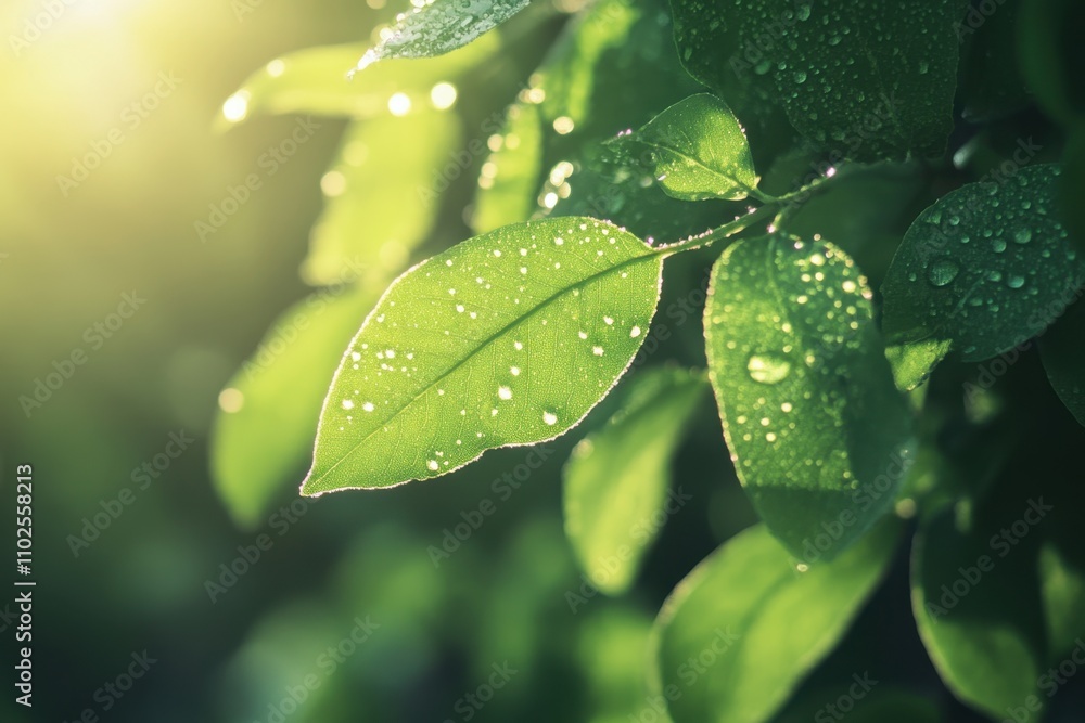 Close-up of fresh green leaves with dew drops in natural sunlight. Close-up of fresh green leaves with dew drops in natural sunlight.